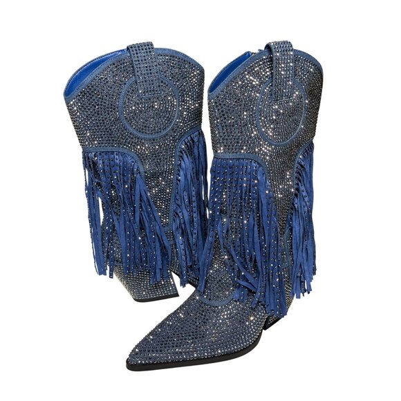 NWT Azalea Wang Rhinestone Fringe Denim Western Boots Blue Cowgirl Glam - Picture 1 of 11